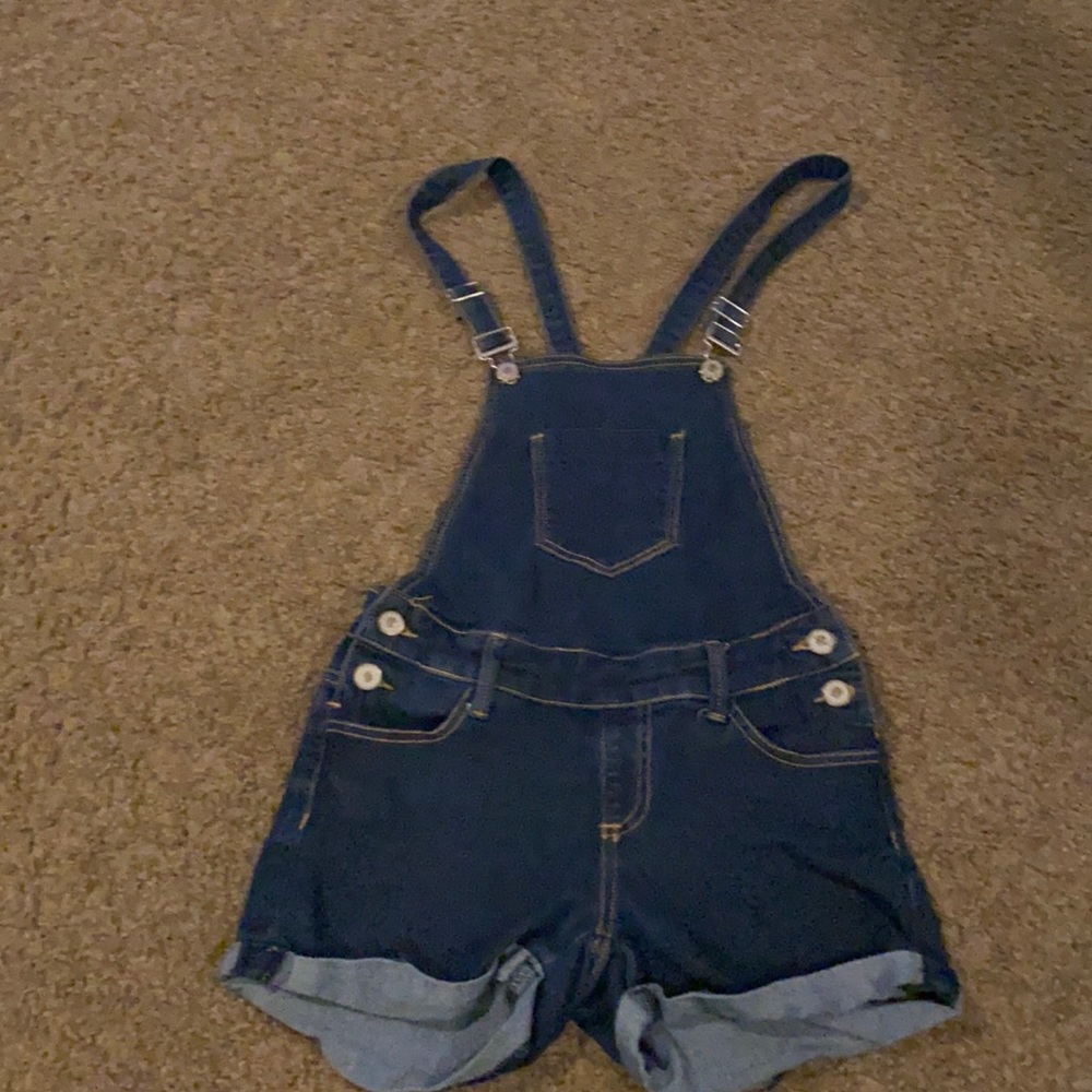 Dark denim short overalls